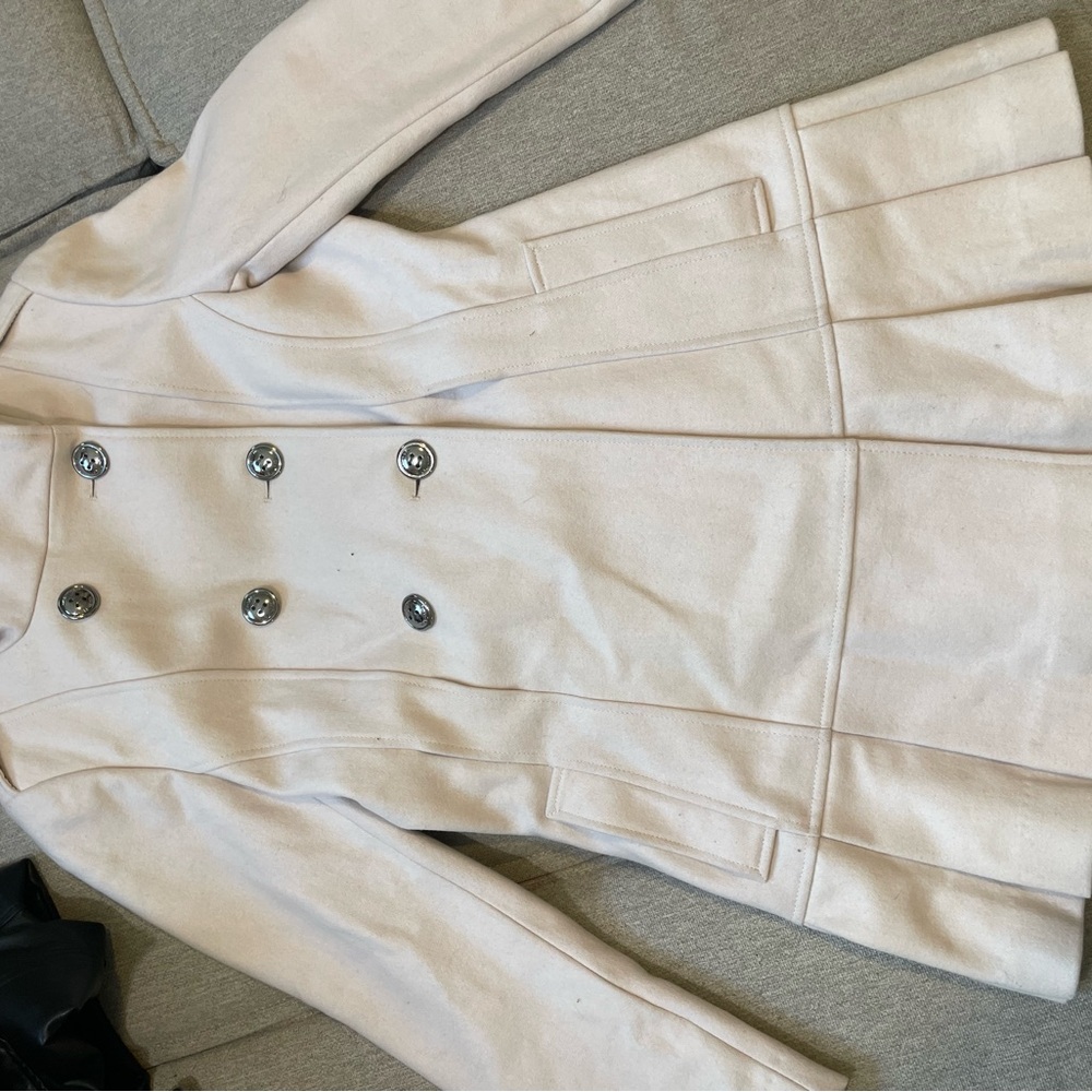 Calvin Klein Stand Collar Skirted Peacoat Cream Double-Breasted Women's Coat 4